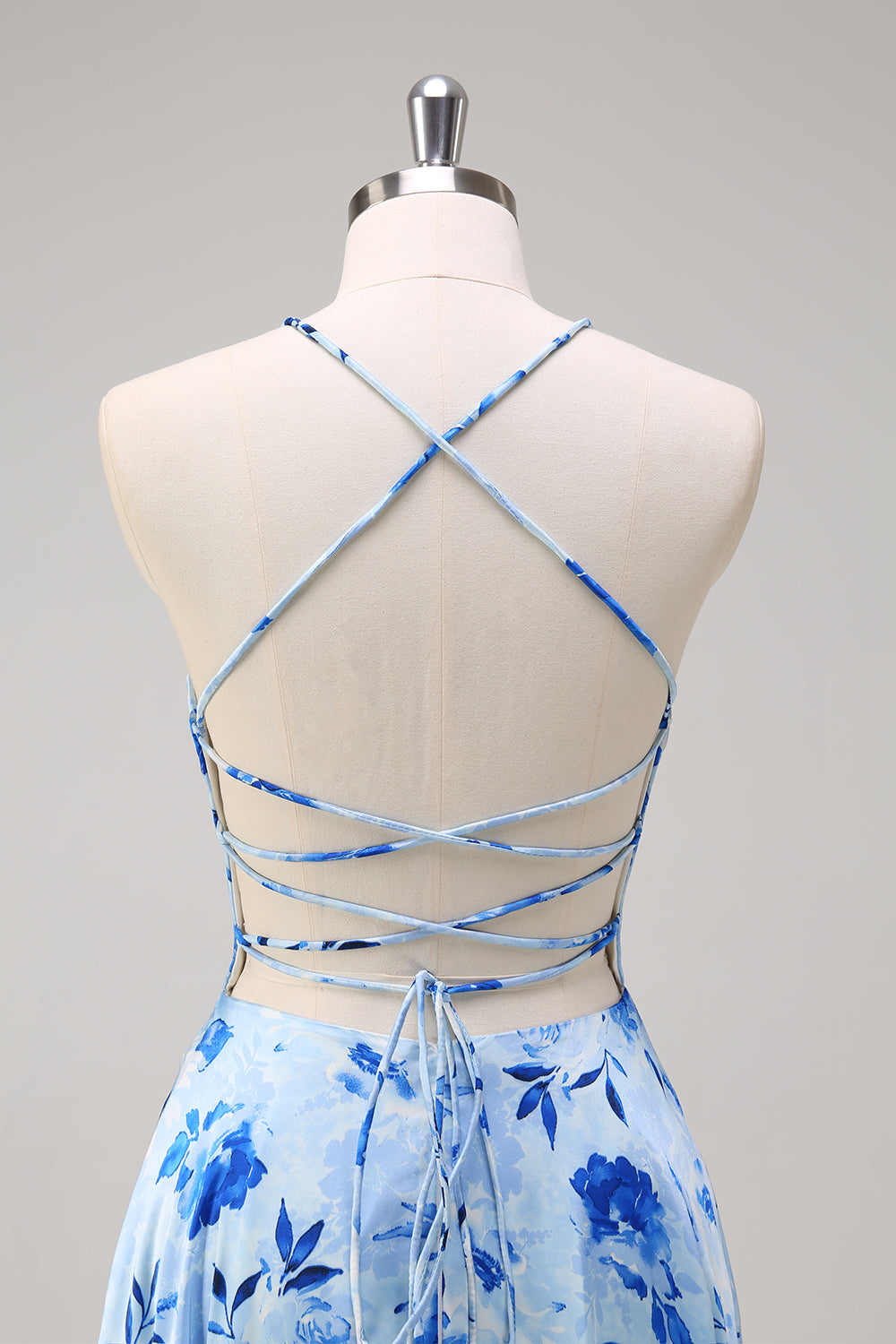 Blue A Line Floral Spaghetti Straps Maxi Bridesmaid Dress with Slit