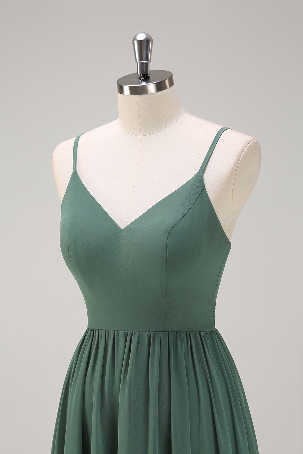 Eucalyptus A Line Spaghetti Straps Tiered Chiffon Maxi Bridesmaid Dress