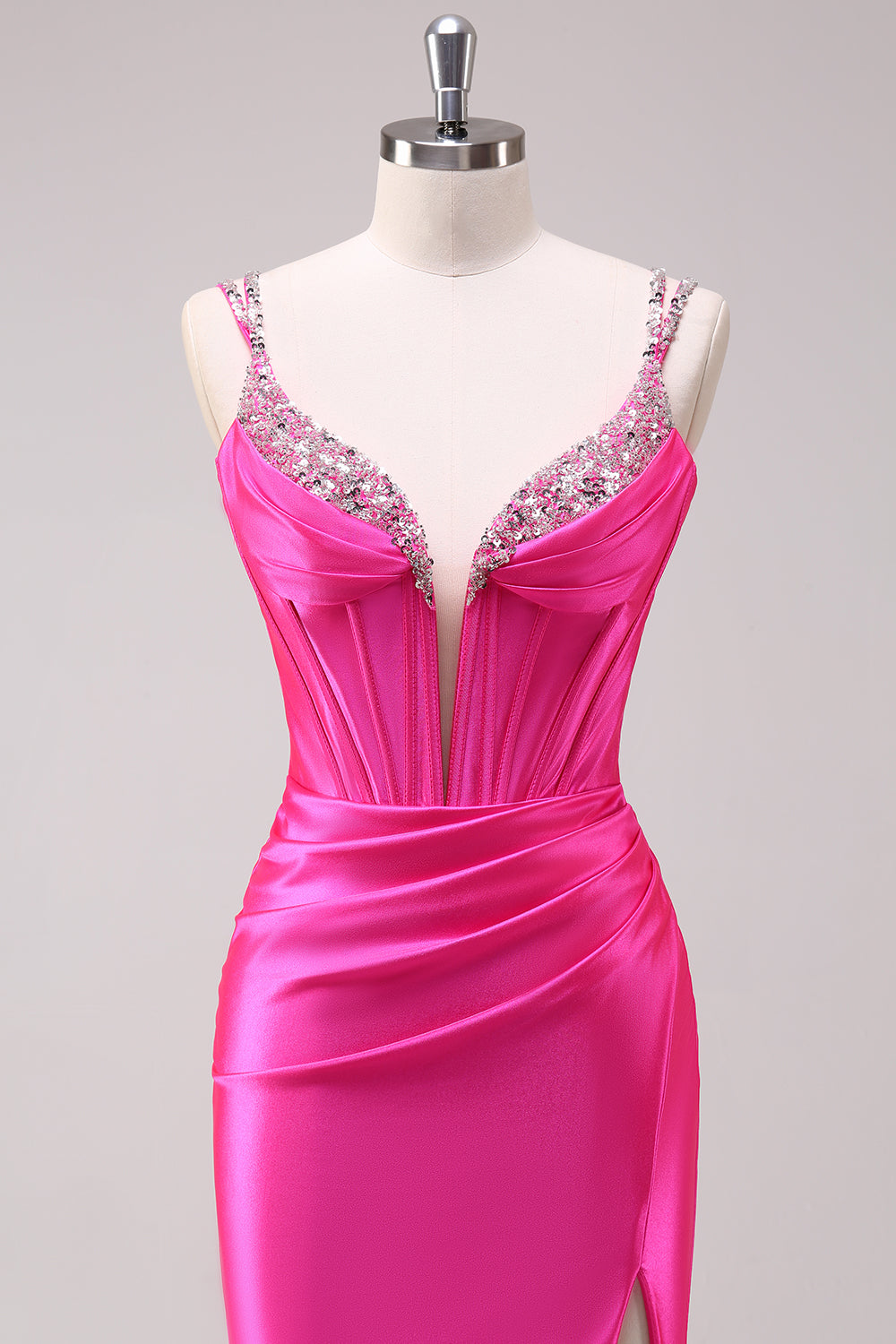 Fuchsia Ruched Corset Mermaid Prom Dress with Slit