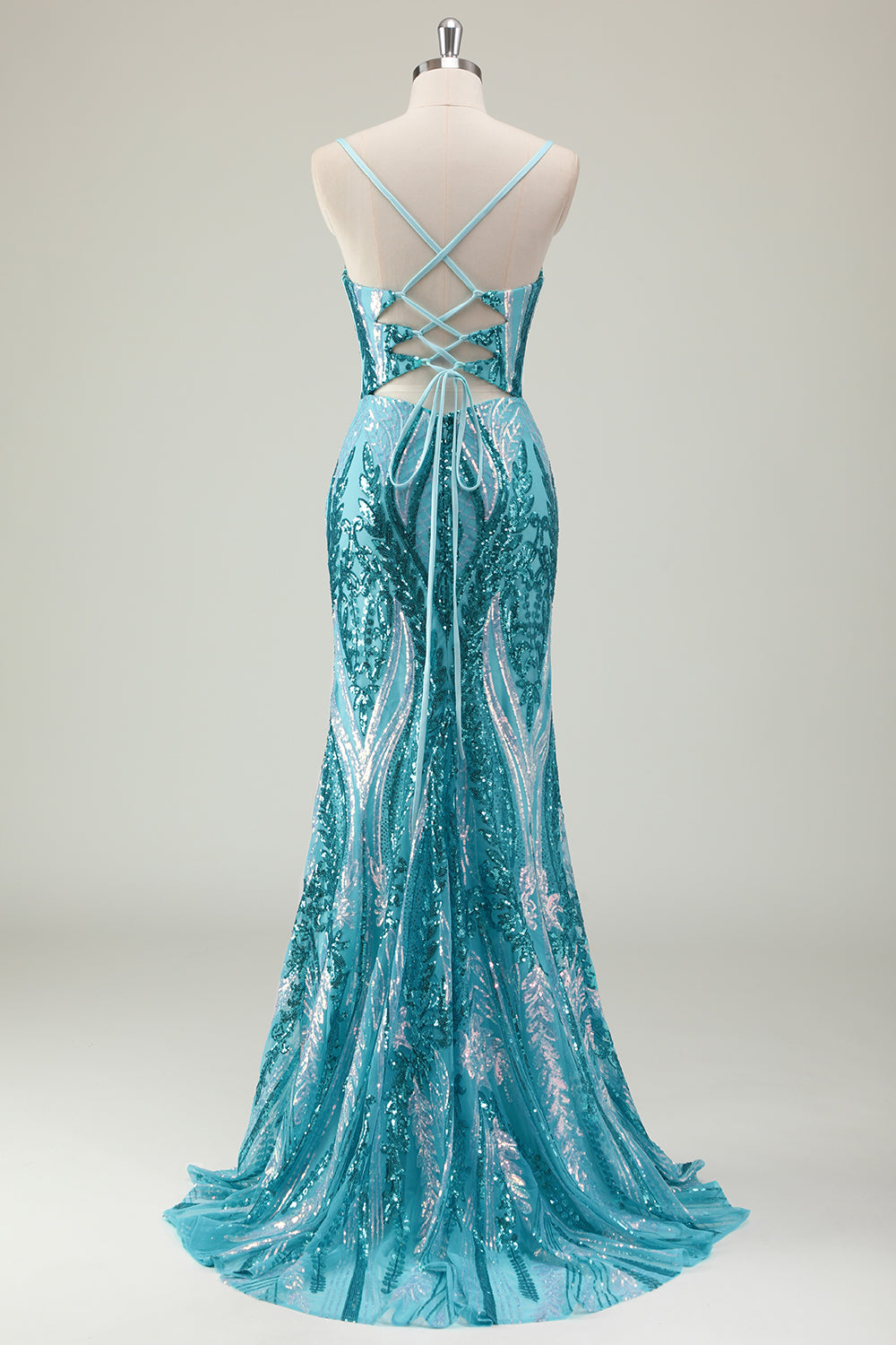Sparkly Blue Hollow Out Mermaid Prom Dress with Slit