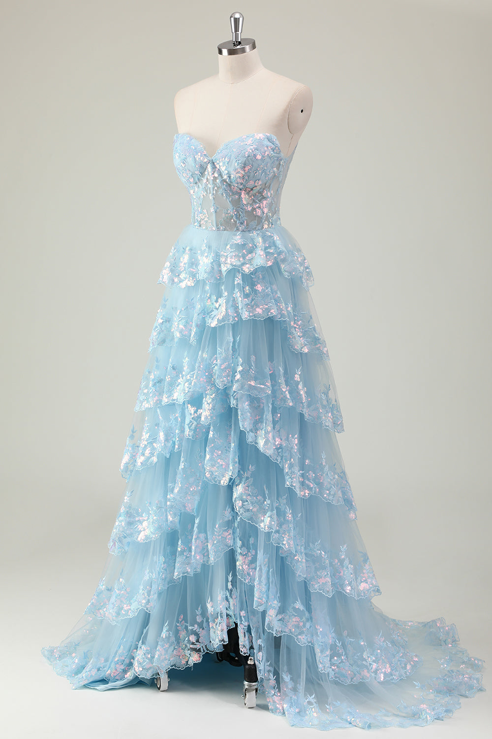 Sparkly Blue Tiered Sequined Strapless Corset Prom Dress