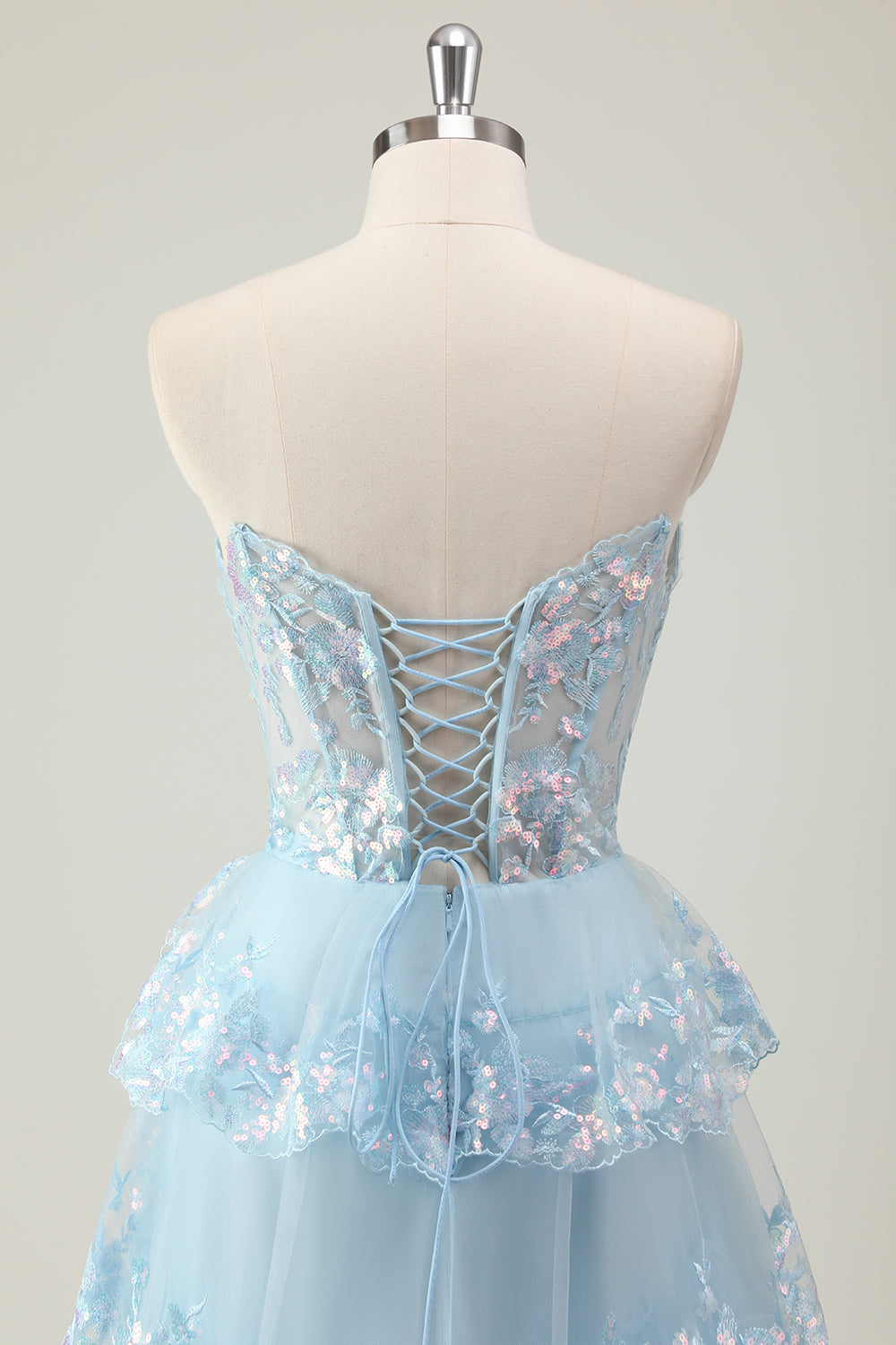 Sparkly Blue Tiered Sequined Strapless Corset Prom Dress