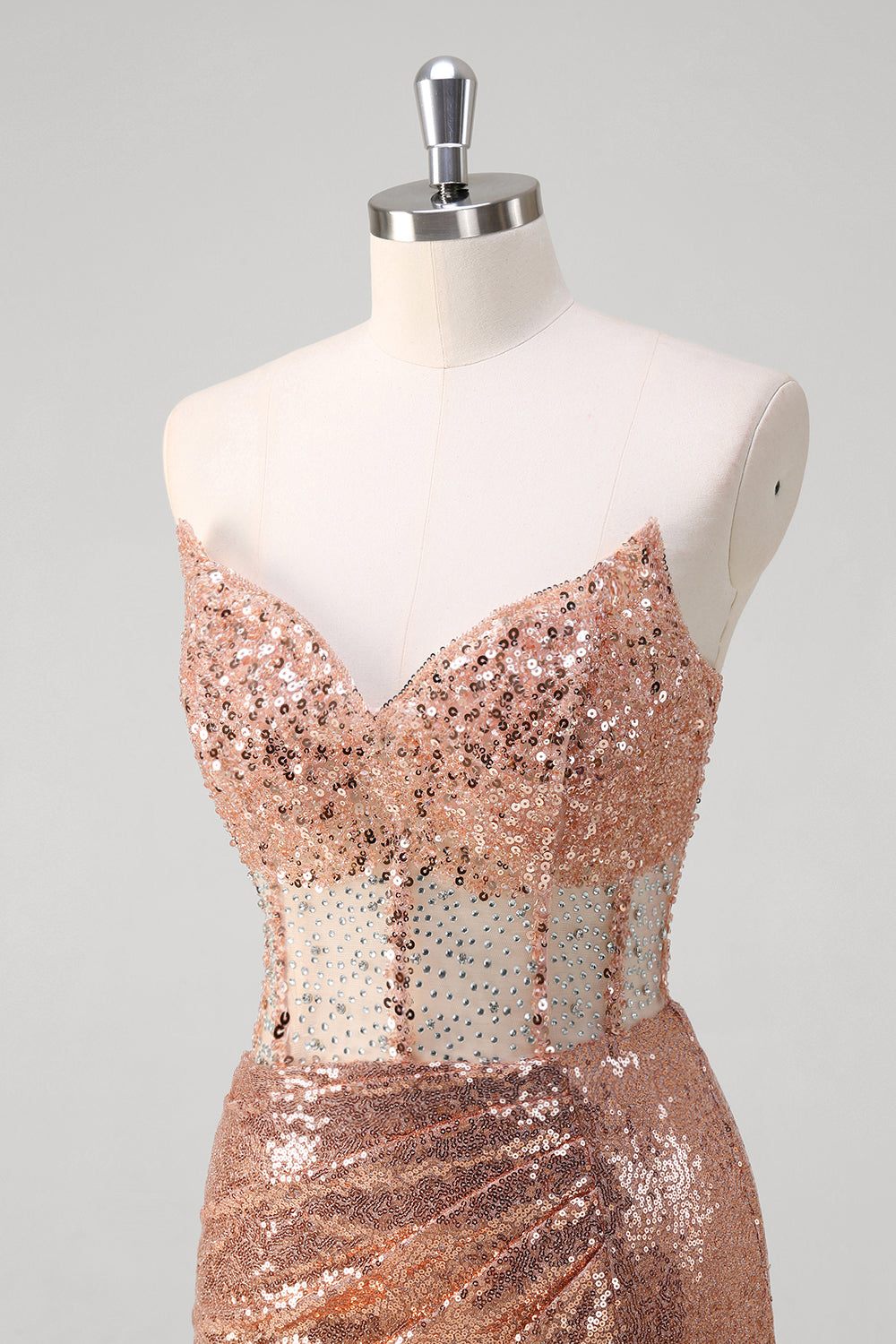 Sparkly Rose Golden Corset Strapless Floor Length Prom Dress with Slit