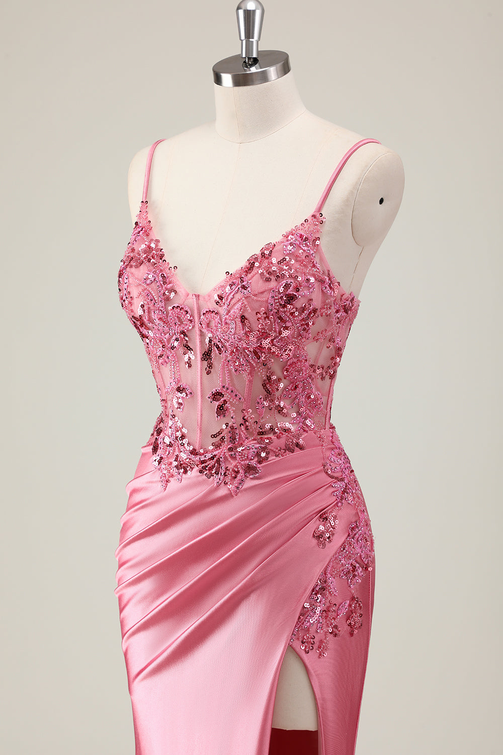 Coral Mermaid Sequined Corset Prom Dress with Slit