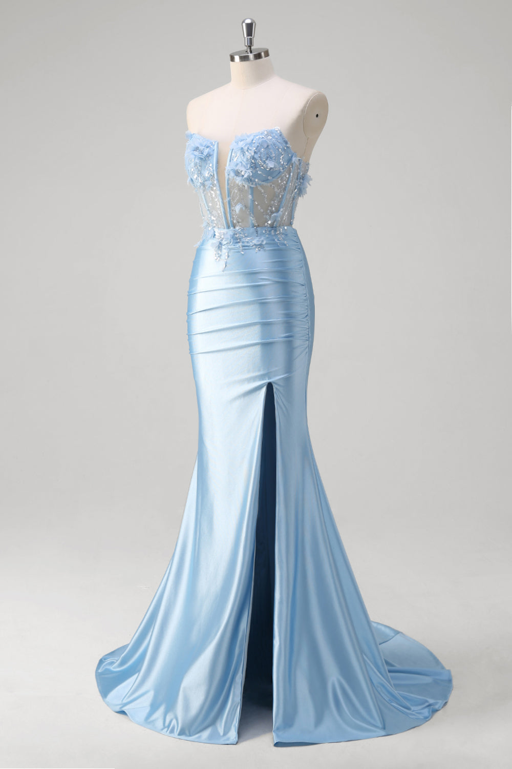 Blue Mermaid Strapless Slit Corset Prom Dress with 3D Appliques