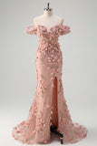 Blush Sequin Corset Off the Shoulder Mermaid Prom Dress with 3D Flowers and Slit