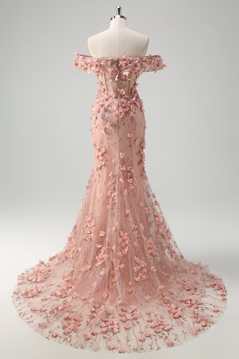 Blush Sequin Corset Off the Shoulder Mermaid Prom Dress with 3D Flowers and Slit
