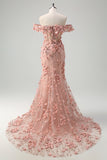 Blush Sequin Corset Off the Shoulder Mermaid Prom Dress with 3D Flowers and Slit