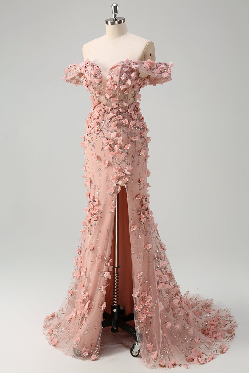 Blush Sequin Corset Off the Shoulder Mermaid Prom Dress with 3D Flowers and Slit
