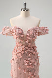 Blush Sequin Corset Off the Shoulder Mermaid Prom Dress with 3D Flowers and Slit