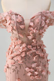 Blush Sequin Corset Off the Shoulder Mermaid Prom Dress with 3D Flowers and Slit