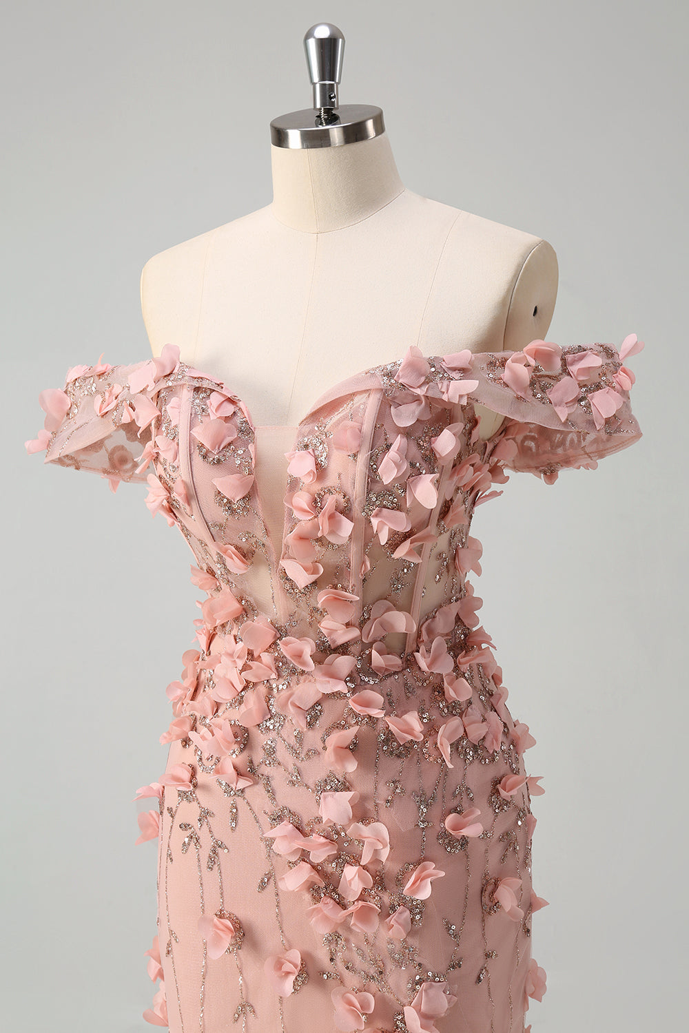Blush Sequin Corset Off the Shoulder Mermaid Prom Dress with 3D Flowers and Slit