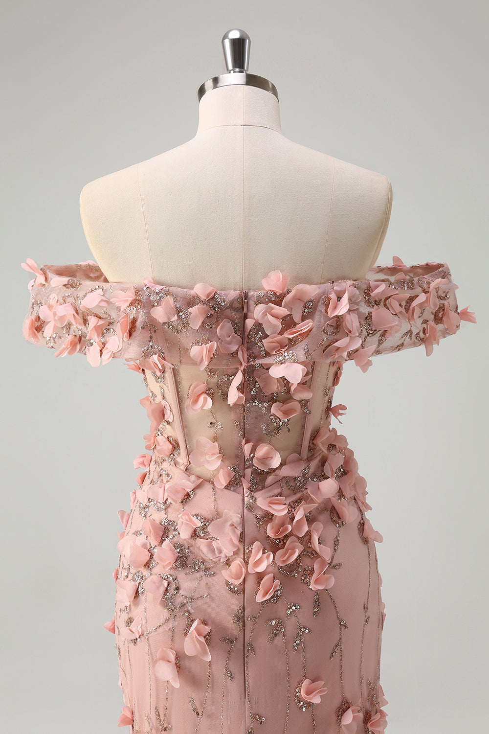 Blush Sequin Corset Off the Shoulder Mermaid Prom Dress with 3D Flowers and Slit