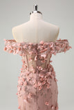 Blush Sequin Corset Off the Shoulder Mermaid Prom Dress with 3D Flowers and Slit