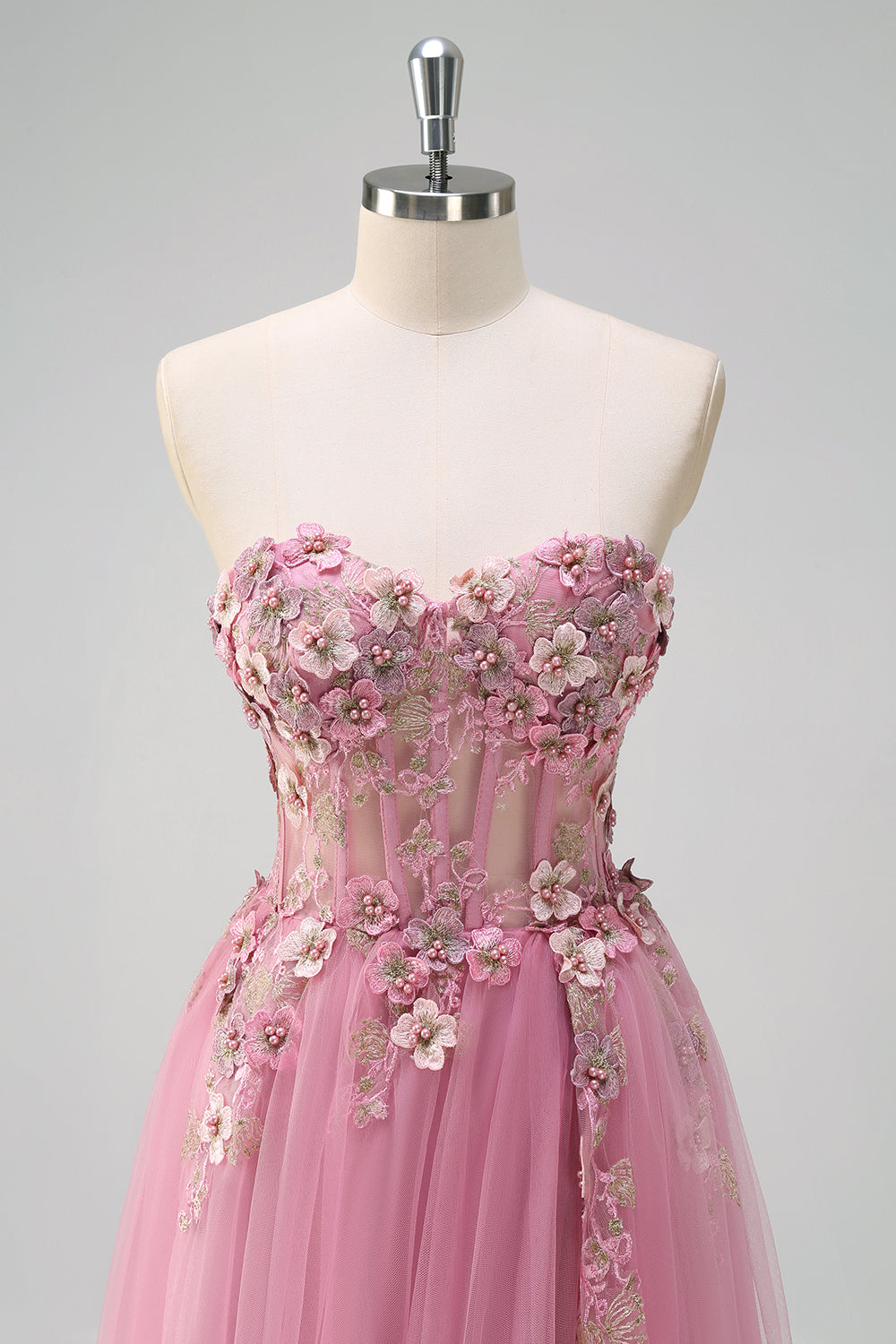 Taro A Line Corset Slit Strapless Prom Dress with Flower Appliques