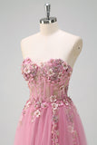 Taro A Line Corset Slit Strapless Prom Dress with Flower Appliques