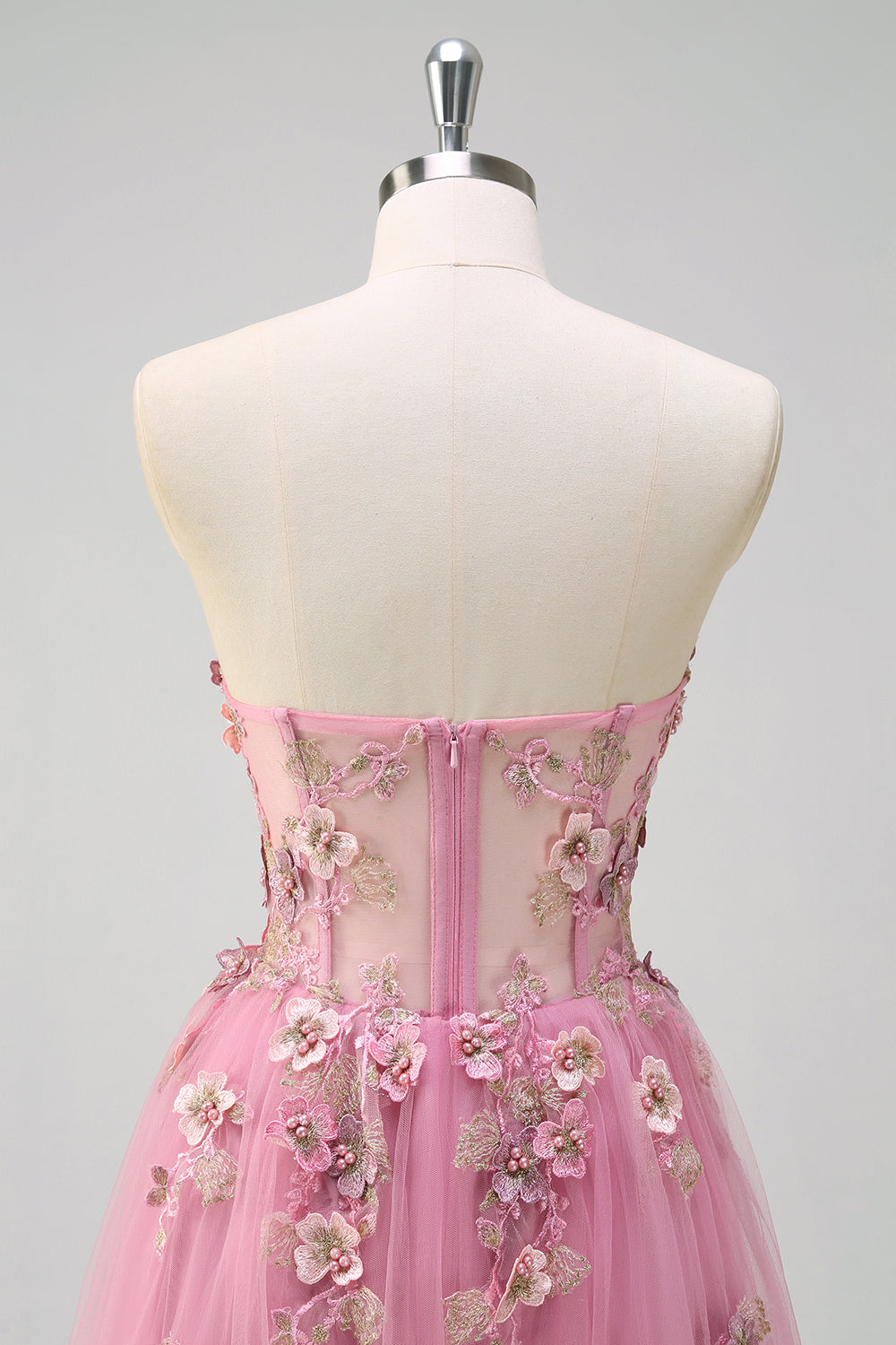 Taro A Line Corset Slit Strapless Prom Dress with Flower Appliques