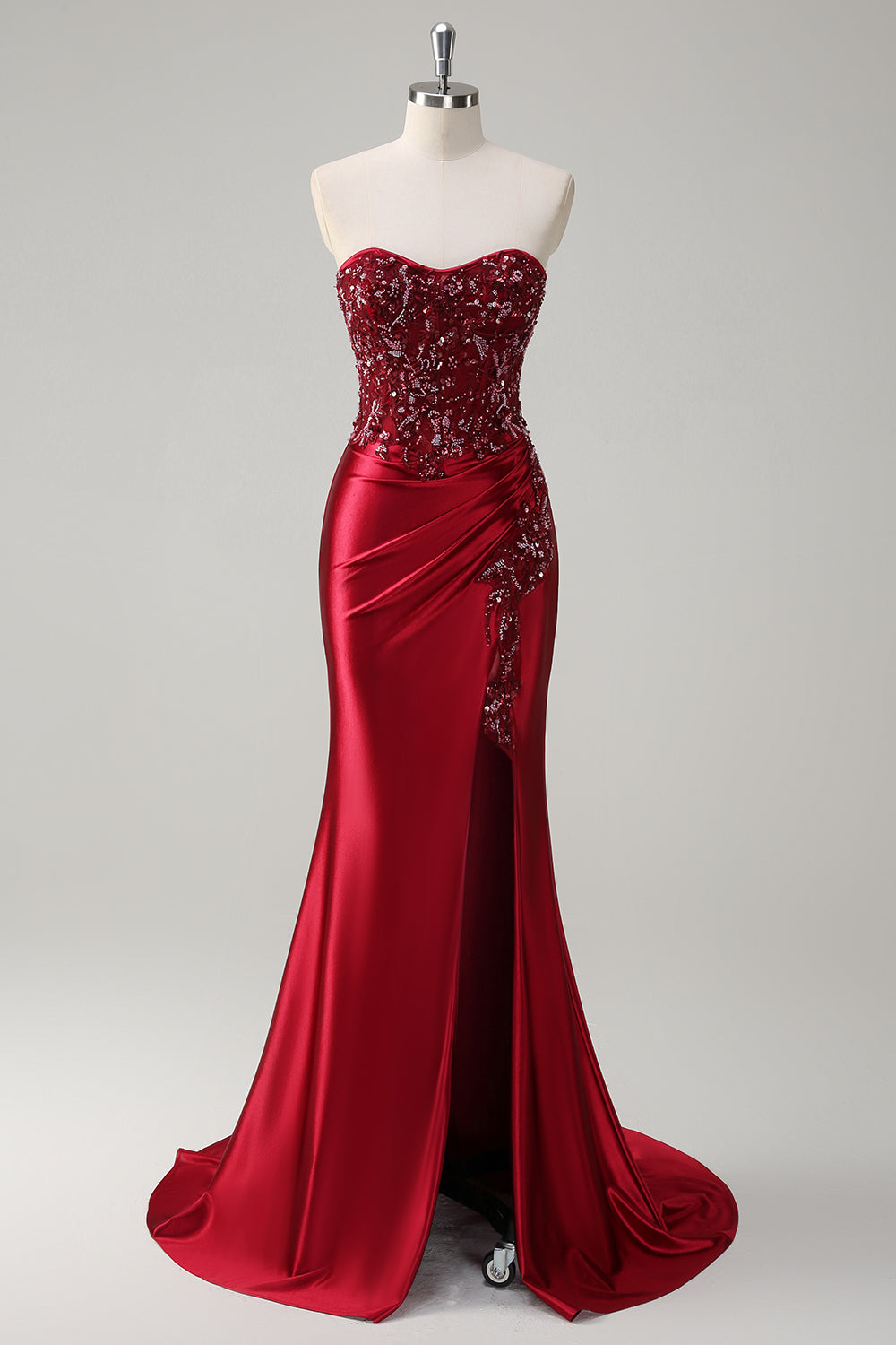 Strapless Mermaid Beaded Dark Green Prom Dress with Slit