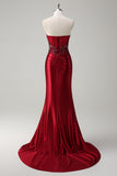 Strapless Mermaid Beaded Dark Green Prom Dress with Slit