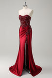 Strapless Mermaid Beaded Dark Green Prom Dress with Slit