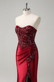 Strapless Mermaid Beaded Dark Green Prom Dress with Slit