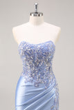 Strapless Mermaid Beaded Dark Green Prom Dress with Slit