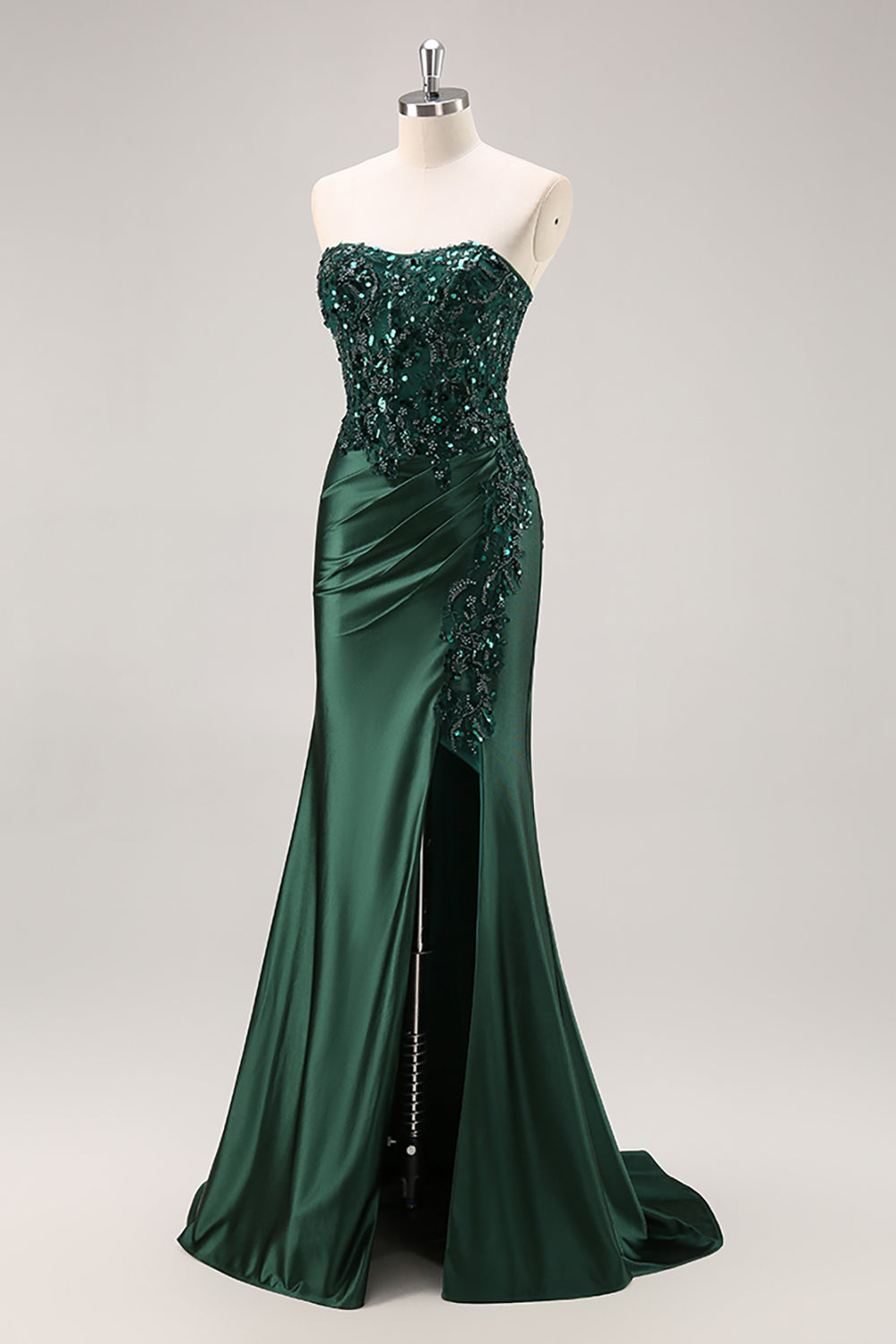 Strapless Mermaid Beaded Dark Green Prom Dress with Slit
