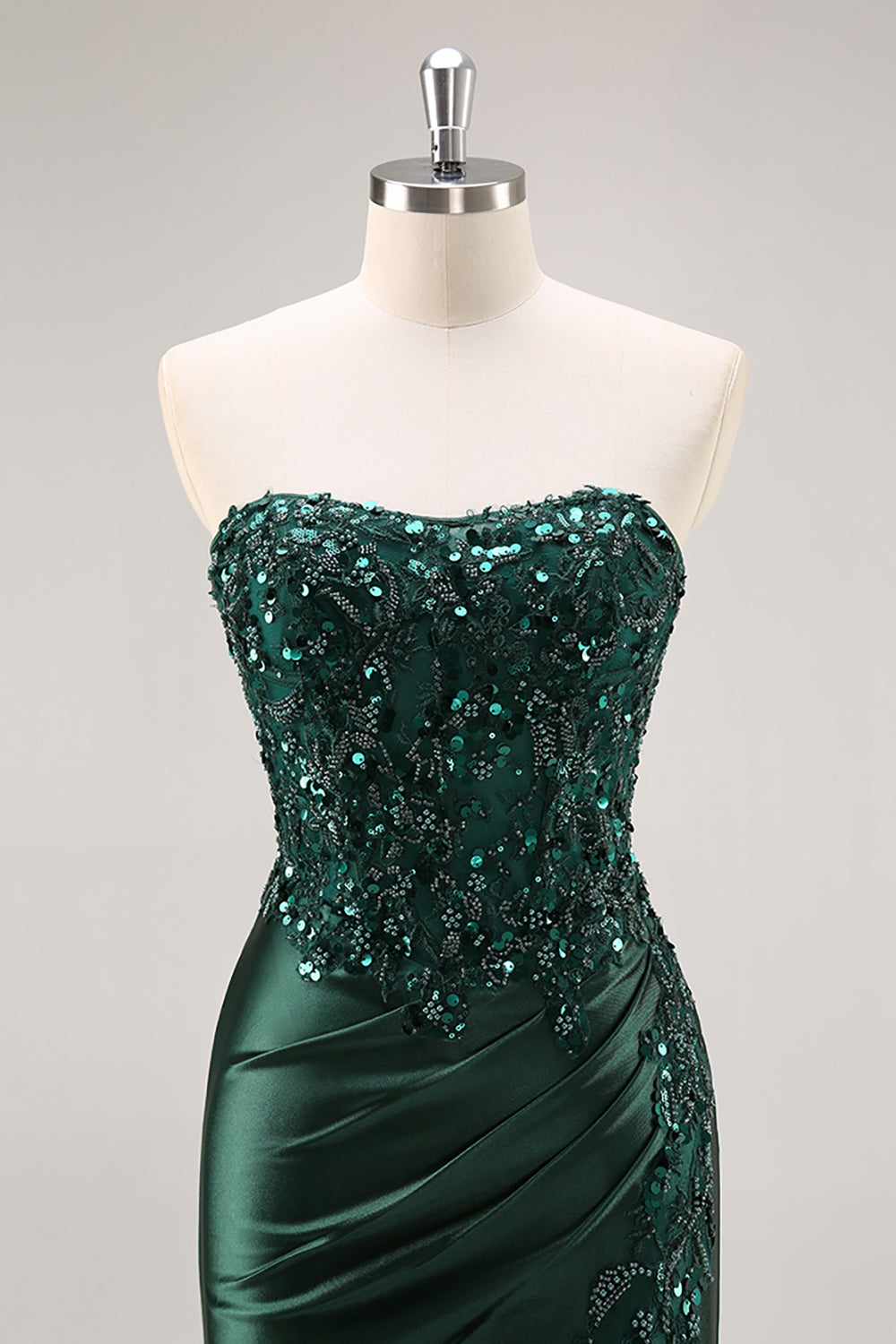 Strapless Mermaid Beaded Dark Green Prom Dress with Slit