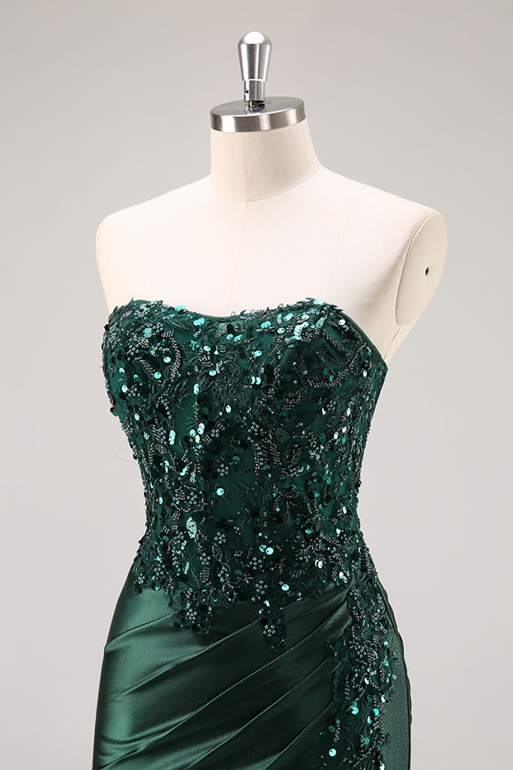 Strapless Mermaid Beaded Dark Green Prom Dress with Slit