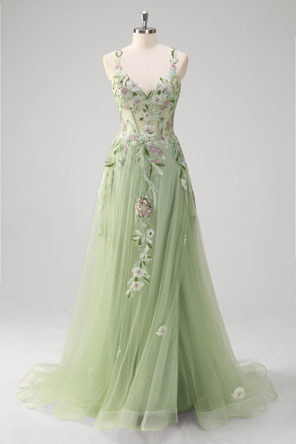 Floral A Line Green Sequined Corset Tulle Prom Dress with Slit