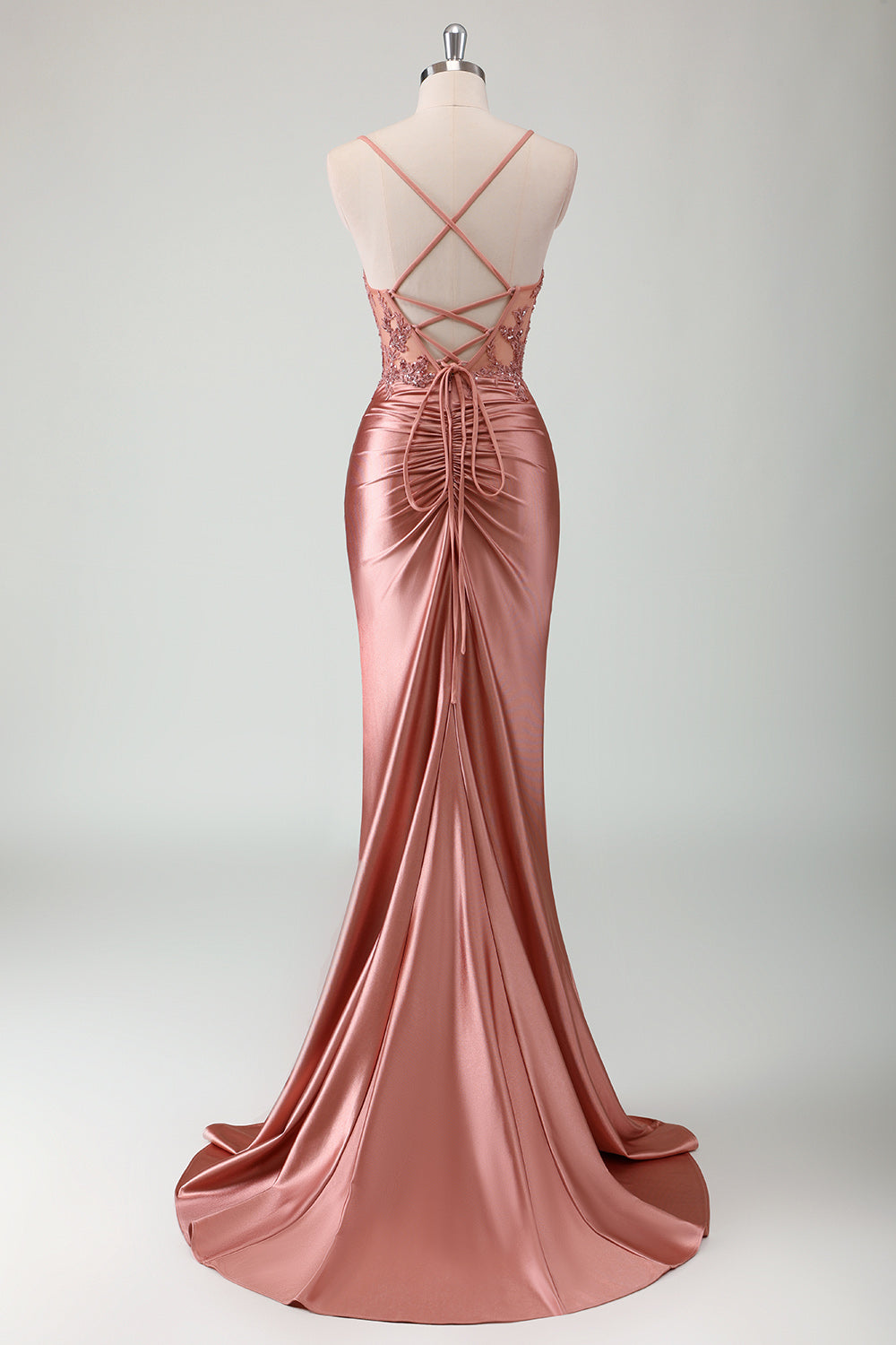 Royal Blue Mermaid Slit Ruched Satin Prom Dress with Appliques