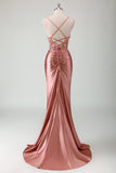 Royal Blue Mermaid Slit Ruched Satin Prom Dress with Appliques