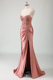 Royal Blue Mermaid Slit Ruched Satin Prom Dress with Appliques