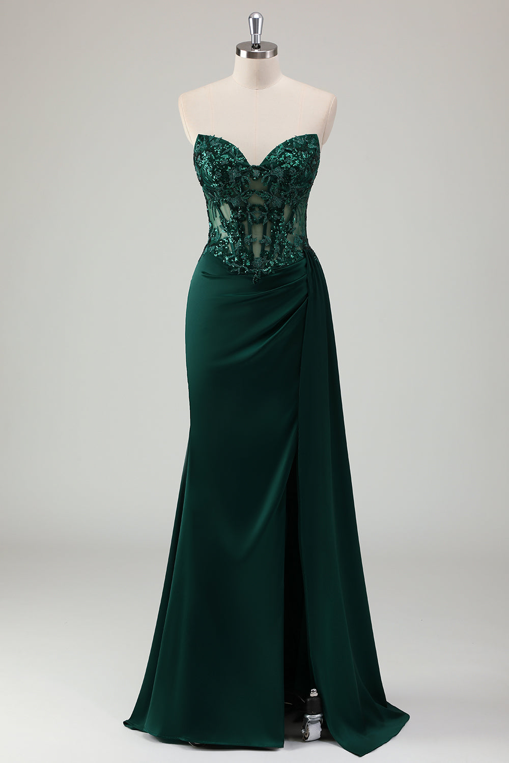 Dark Green Ruched Corset Strapless Mermaid Prom Dress with Slit