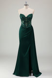 Dark Green Ruched Corset Strapless Mermaid Prom Dress with Slit