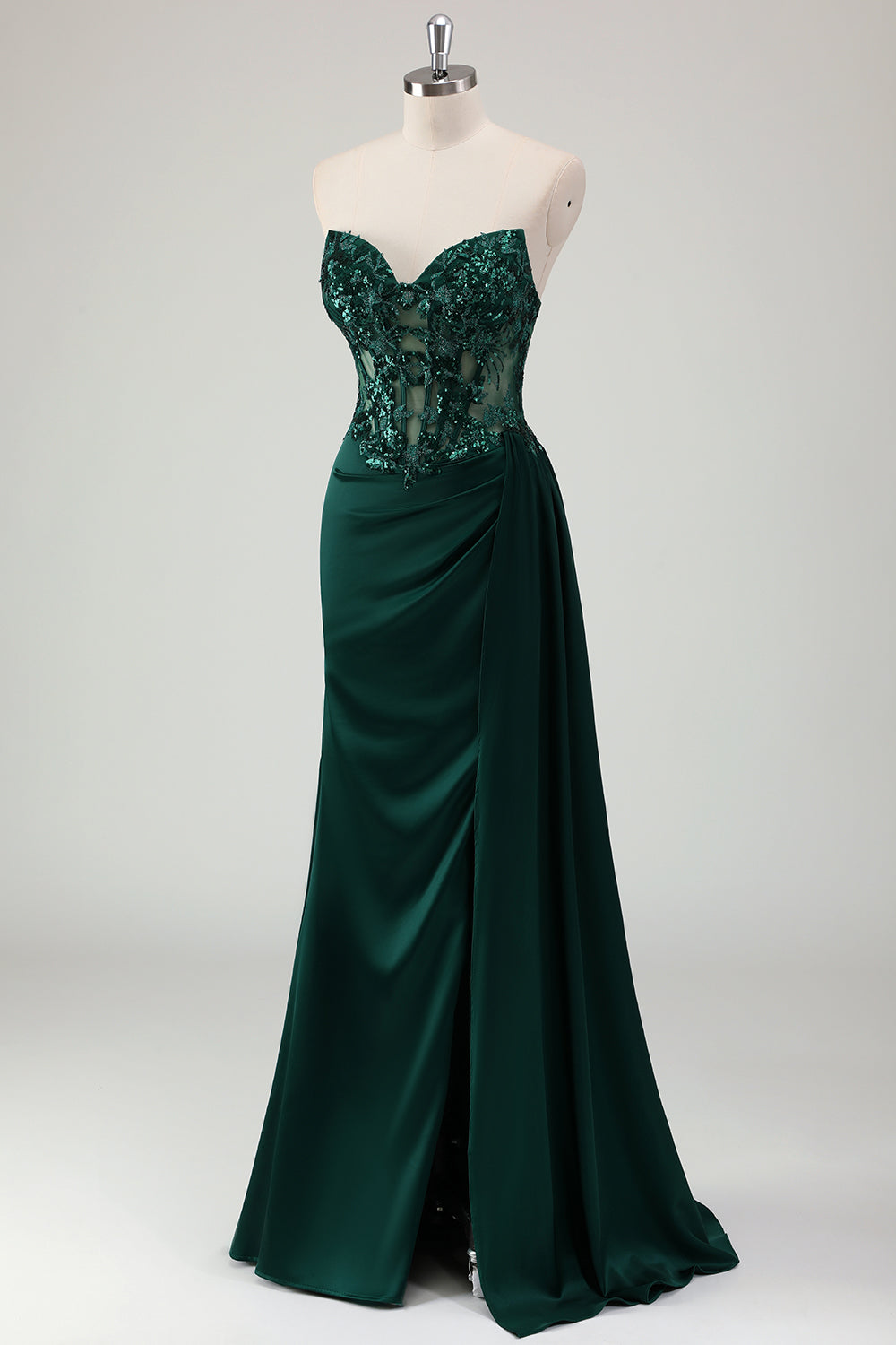 Dark Green Ruched Corset Strapless Mermaid Prom Dress with Slit