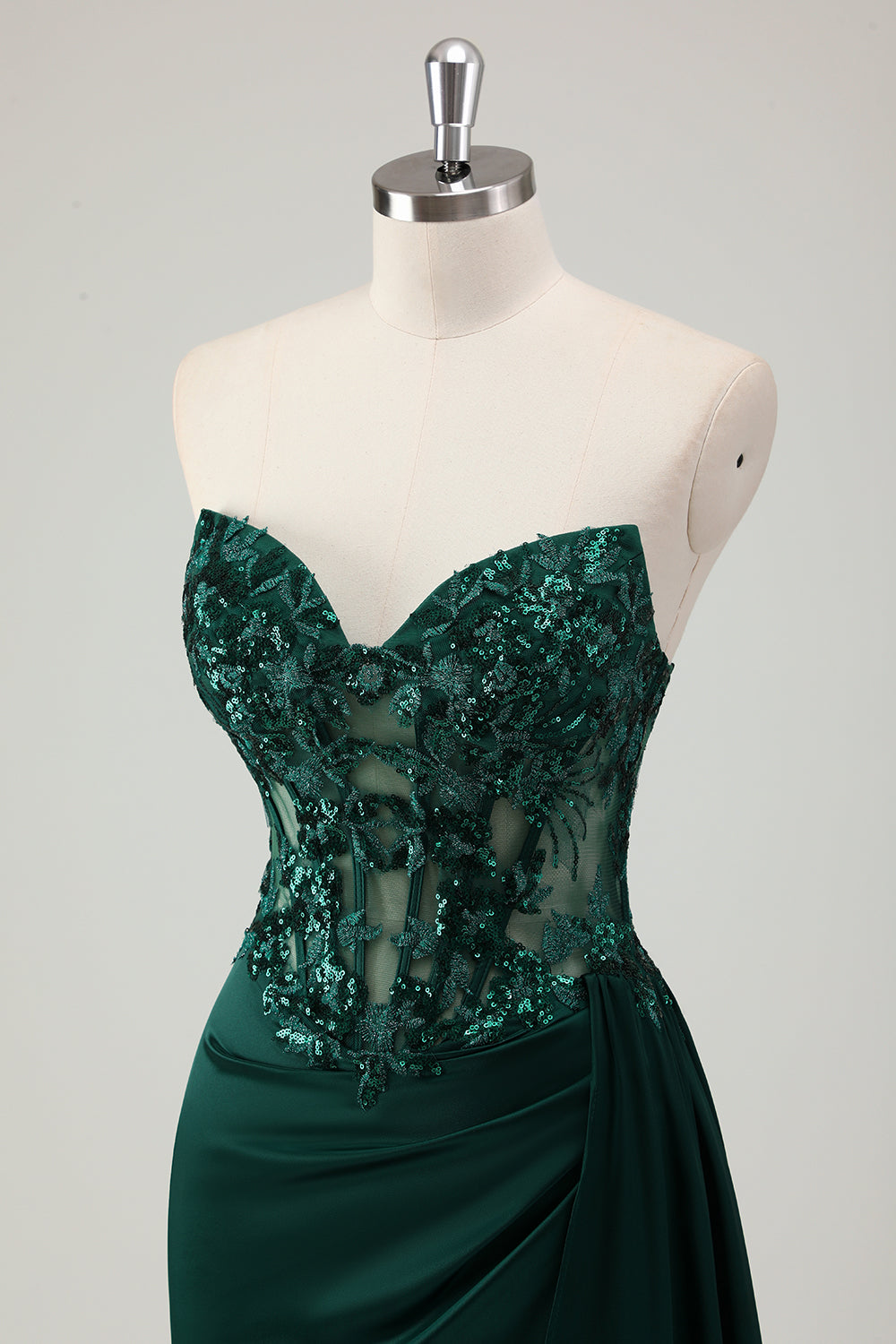 Dark Green Ruched Corset Strapless Mermaid Prom Dress with Slit