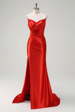 Red Mermaid Pleated Strapless Prom Dress with Split