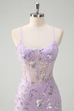 Sparkly Lilac Corset Mermaid Slit Prom Dress with Lace-up Back