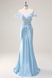 Sky Blue Corset Off the Shoulder Mermaid Prom Dress with 3D Appliques