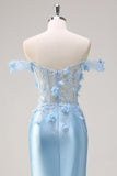 Sky Blue Corset Off the Shoulder Mermaid Prom Dress with 3D Appliques