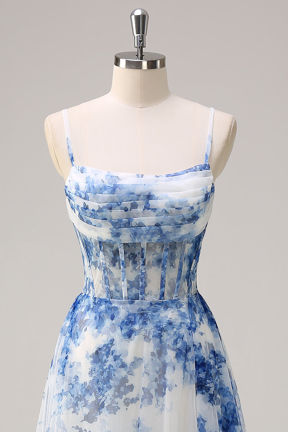 White Blue Flower A Line Corset Prom Dress with Slit