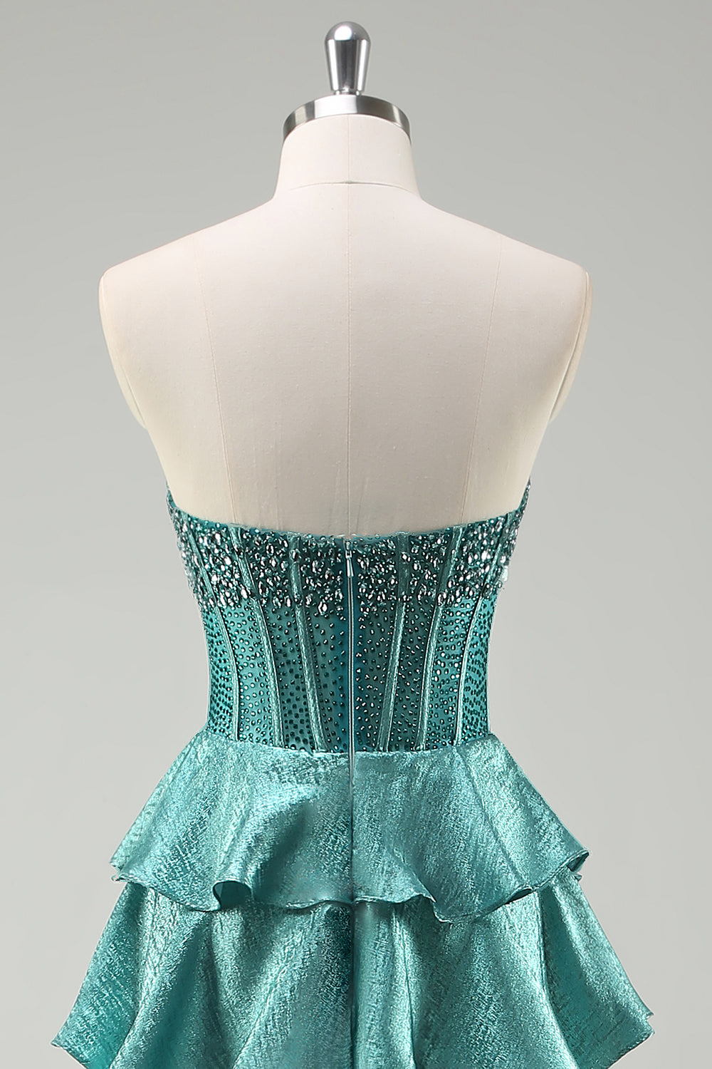 Beaded A Line Tiered Corset Strapless Peacock Green Prom Dress