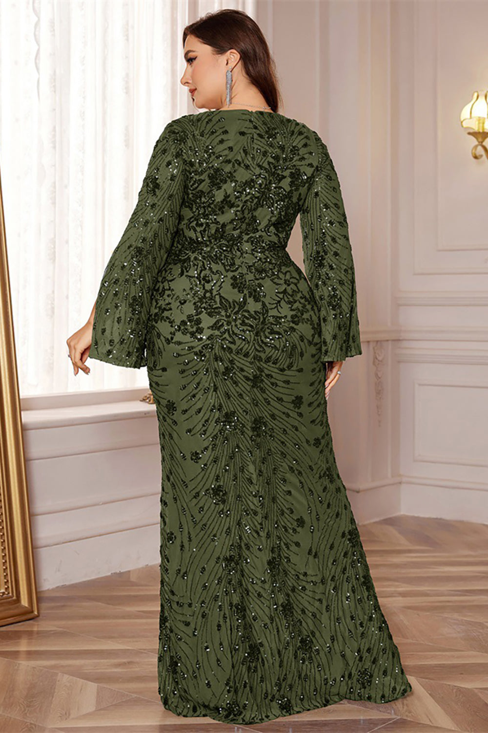 Glitter Black A Line V Neck Plus Size Maxi Wedding Guest Dress