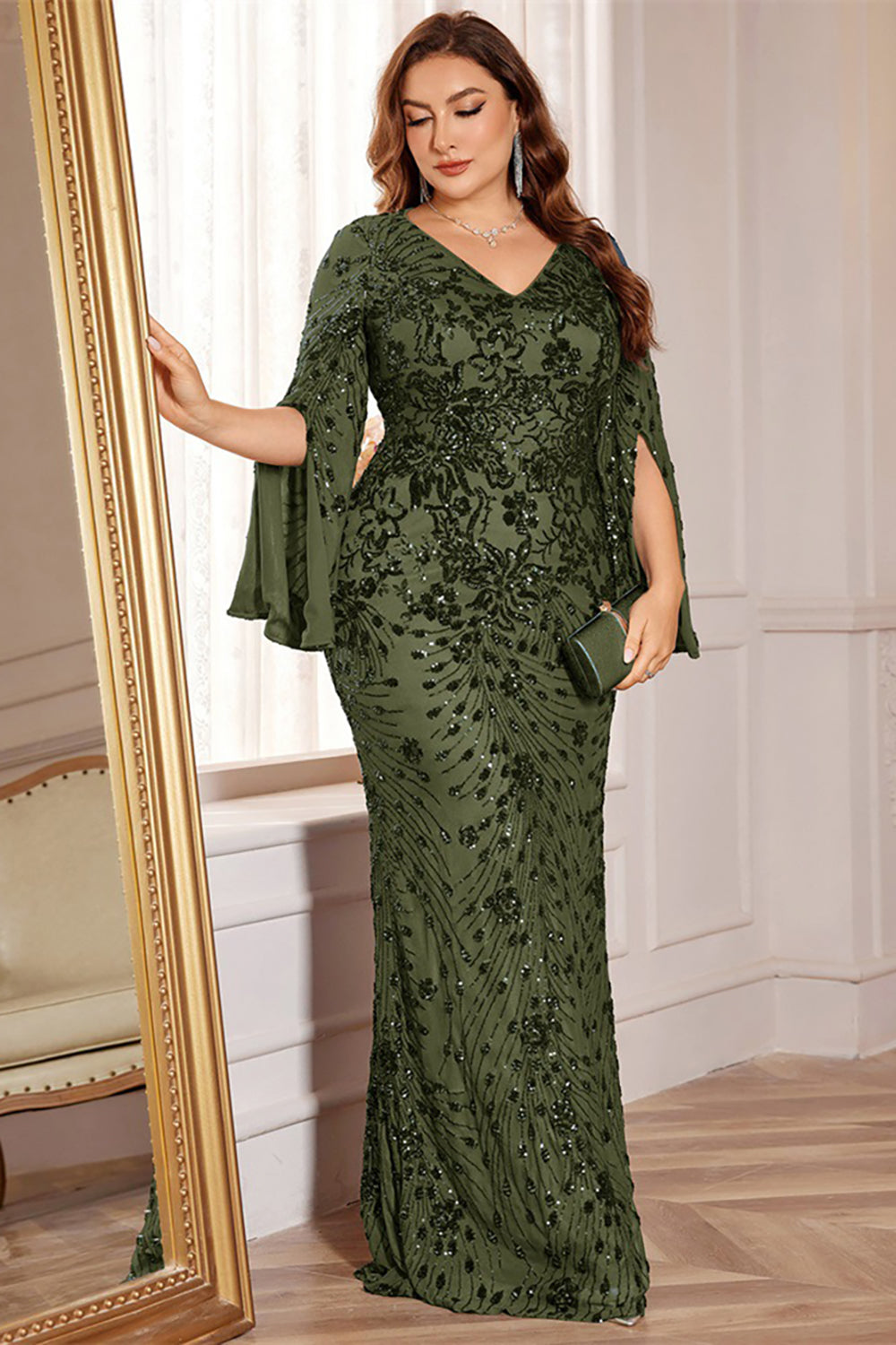 Glitter Black A Line V Neck Plus Size Maxi Wedding Guest Dress