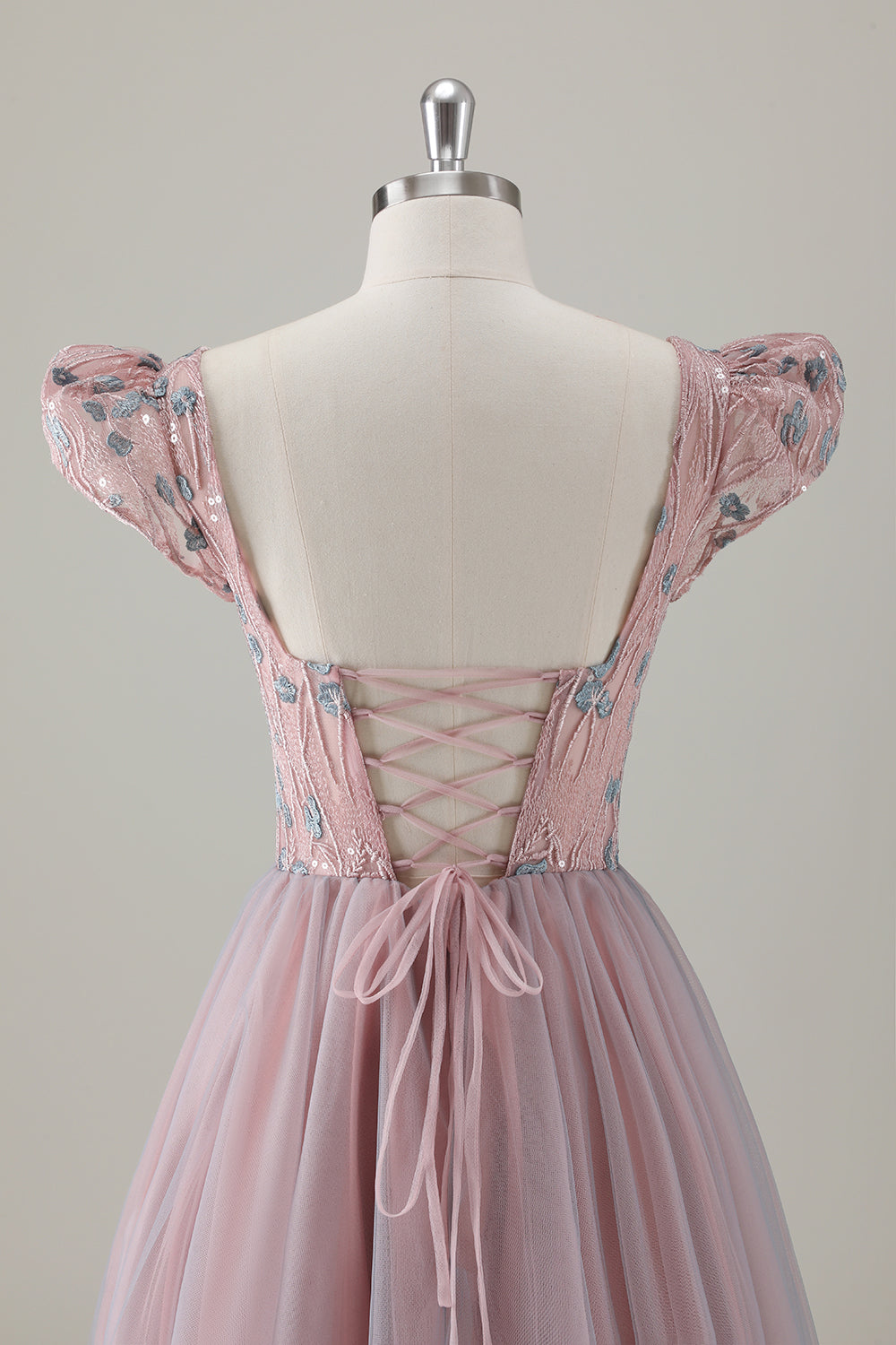 Grey Pink Sequin Appliques Puff Sleeves A Line Tulle Maxi Dress