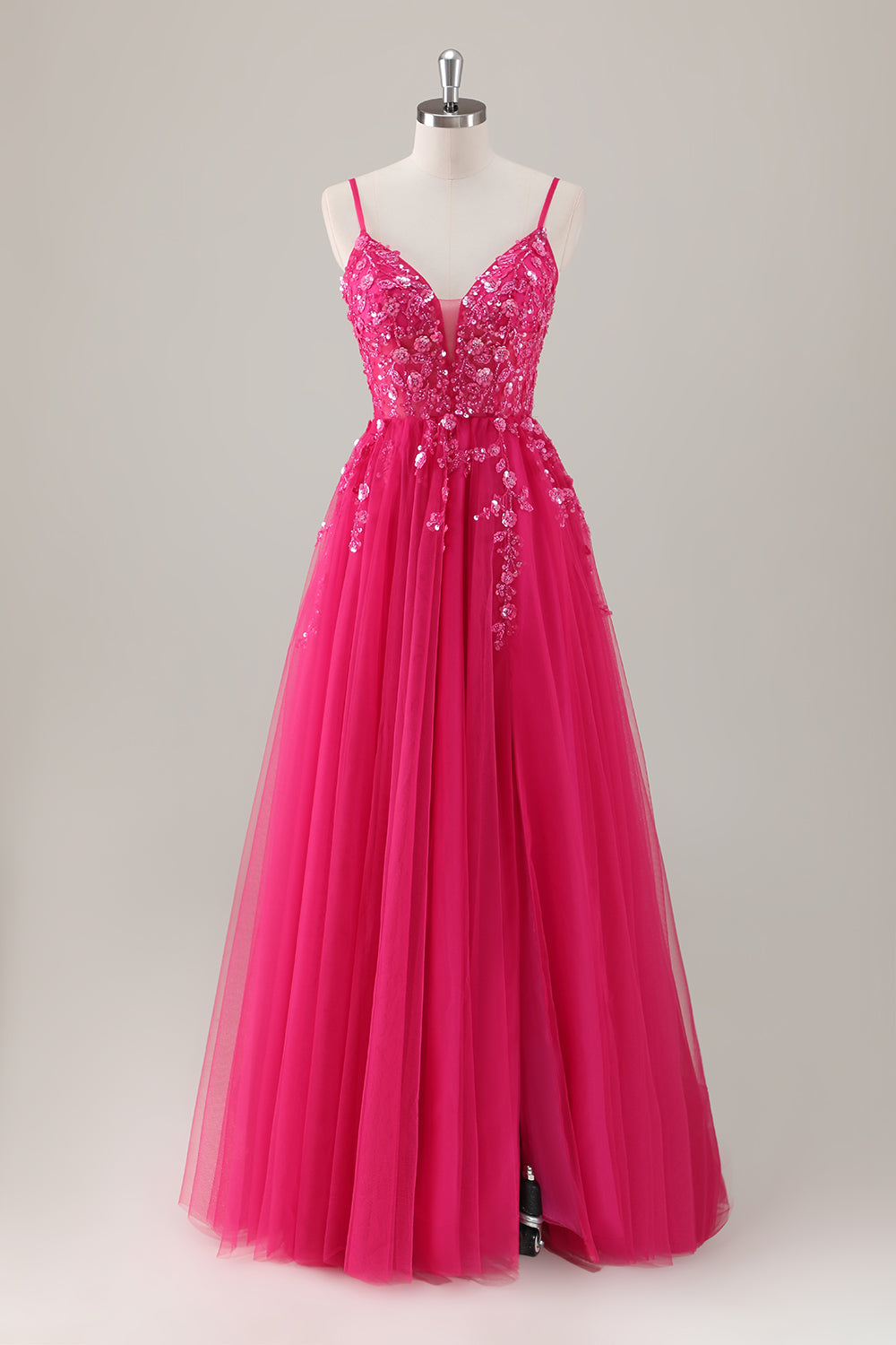 Fuchsia Floral Sequin Slit A Line Tulle Maxi Dress with Lace-up Back