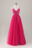 Fuchsia Floral Sequin Slit A Line Tulle Maxi Dress with Lace-up Back