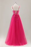 Fuchsia Floral Sequin Slit A Line Tulle Maxi Dress with Lace-up Back