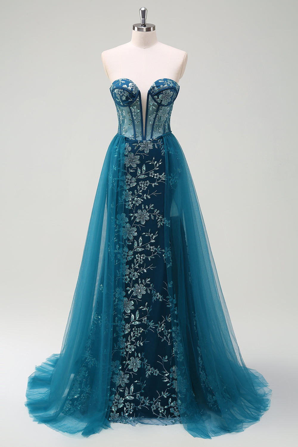 Sparkly Peacock Blue Strapless Corset Prom Dress with Detachable Tulle